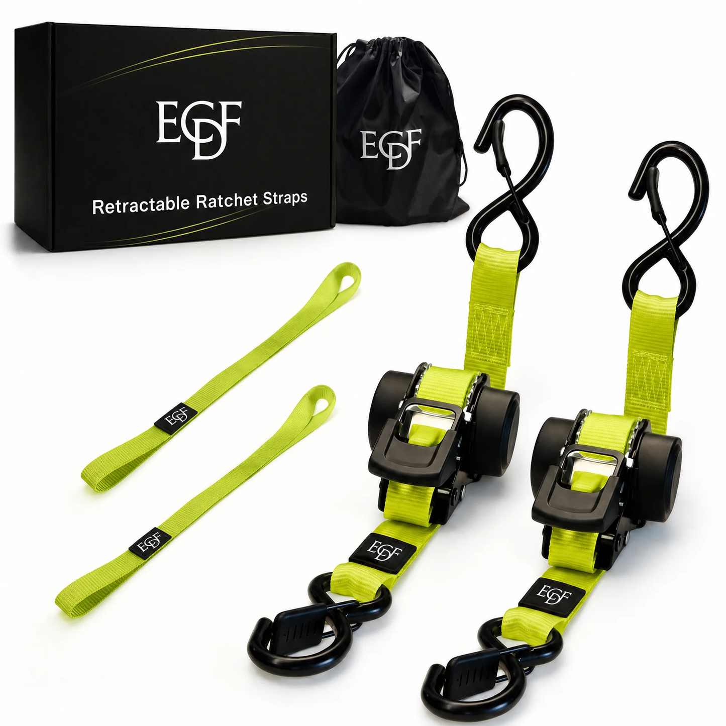 ECDF Auto-Retracting Ratchet Straps — 2-Pack Kit with Soft Loops