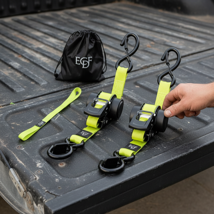 ECDF Auto-Retracting Ratchet Straps — 2-Pack Kit with Soft Loops