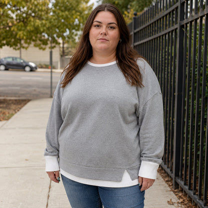 ECDF Layered-Look Sweatshirt — Oversized Crew, Contrast Ribbed Trim