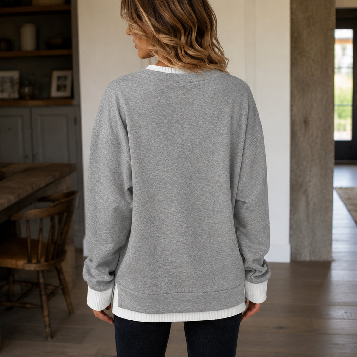 ECDF Layered-Look Sweatshirt — Oversized Crew, Contrast Ribbed Trim