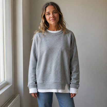 ECDF Layered-Look Sweatshirt — Oversized Crew, Contrast Ribbed Trim
