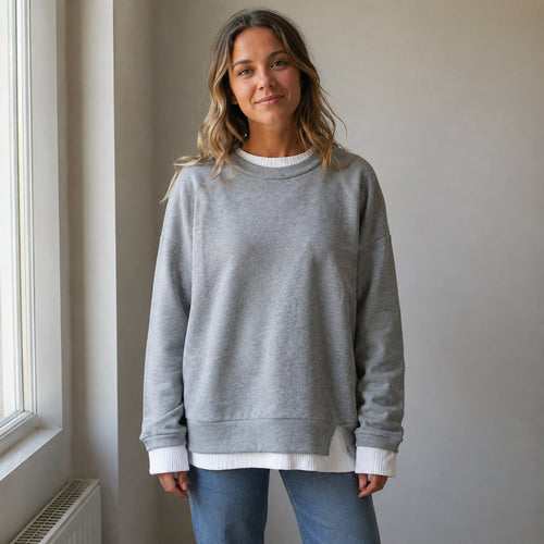 ECDF Layered-Look Sweatshirt — Oversized Crew, Contrast Ribbed Trim