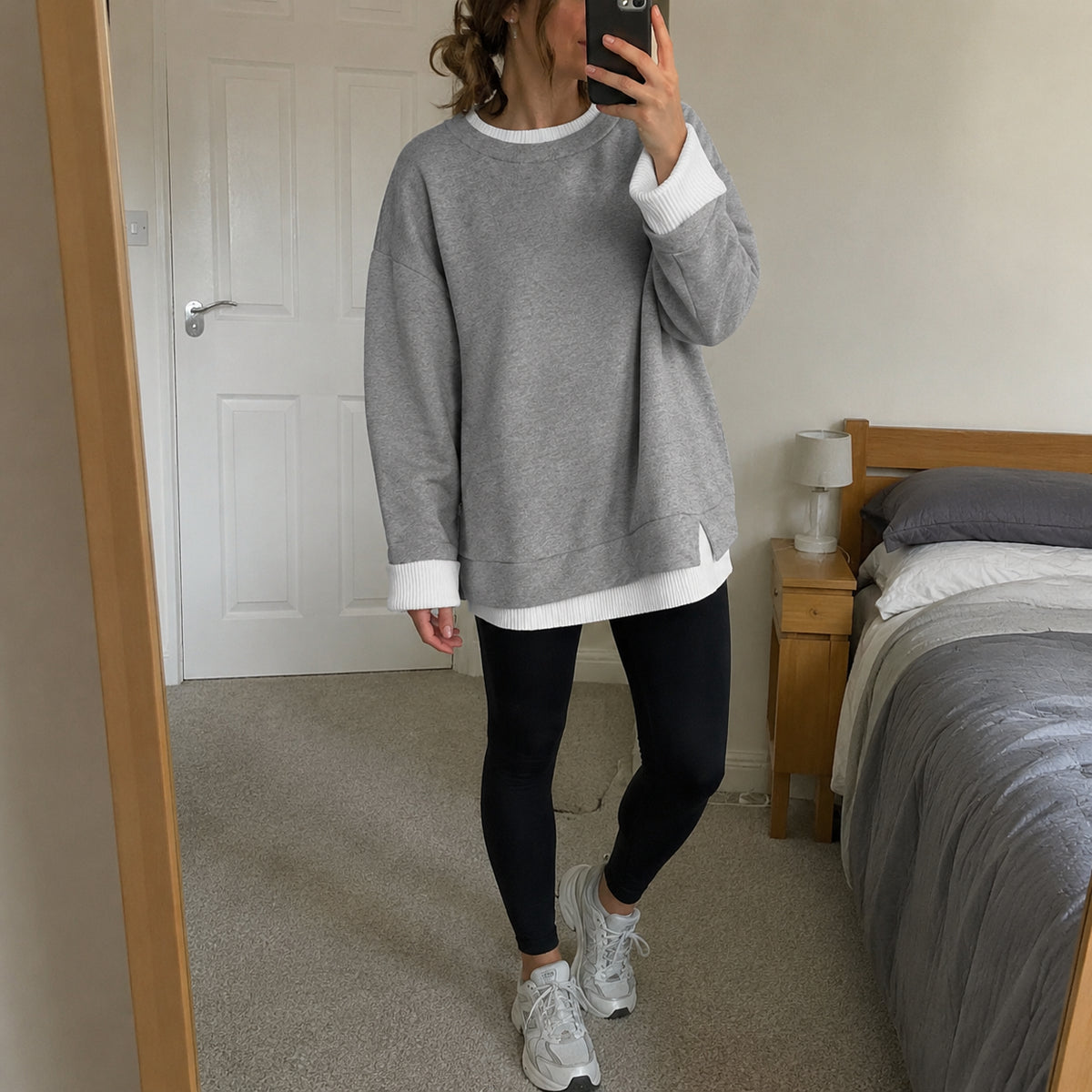 ECDF Layered-Look Sweatshirt — Oversized Crew, Contrast Ribbed Trim
